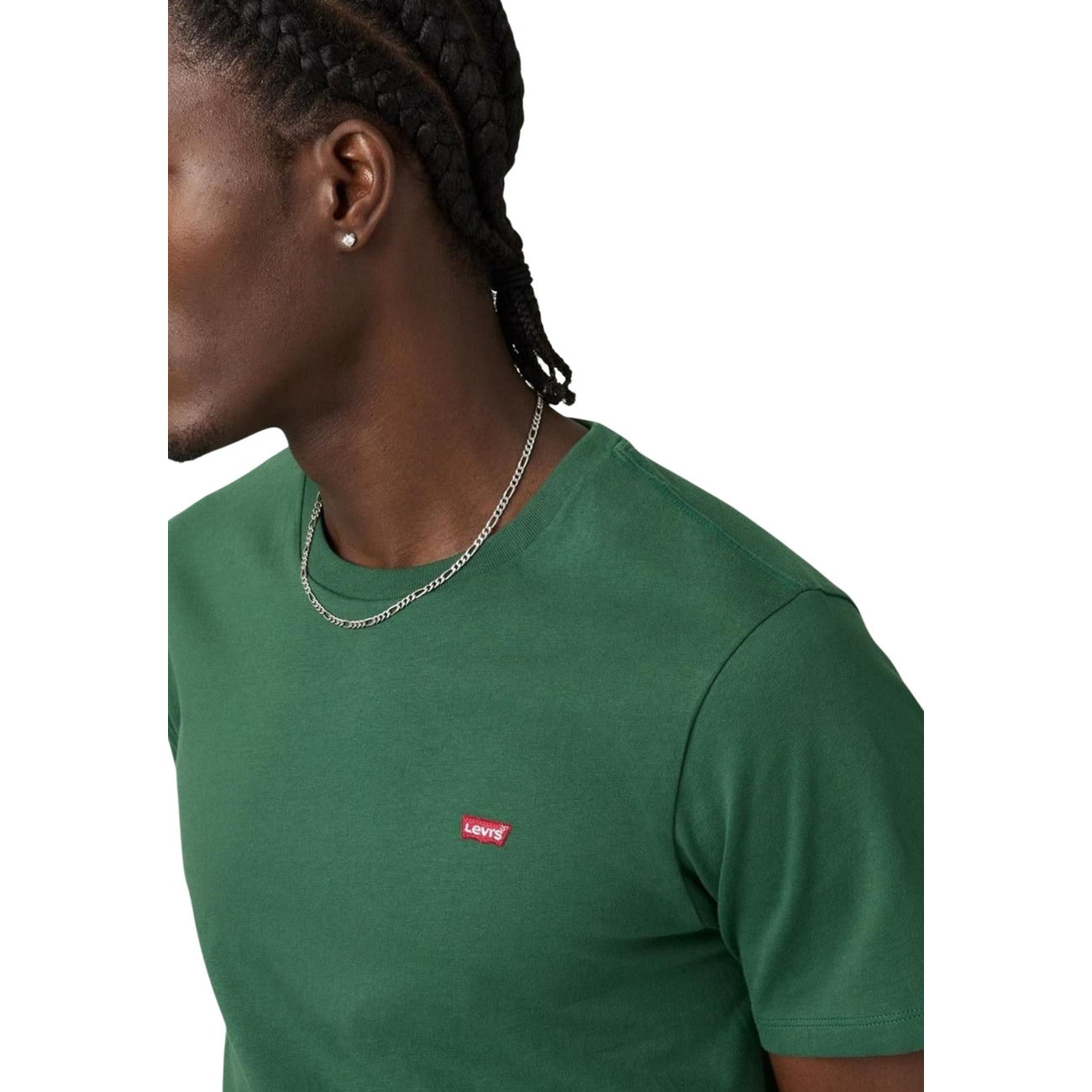 Person wearing a green t-shirt with a Levi's logo on a white background